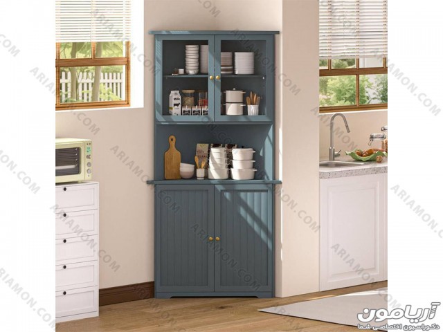 کافی بار کنج با کمد شیشه ای رنگ آبی نفتی کافی بار کنج با کمد شیشه ای رنگ آبی نفتی