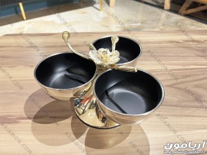 آجیل خوری استیل پایه دار، دکوری سه دایره گل طلایی آجیل خوری استیل پایه دار، دکوری سه دایره گل طلایی