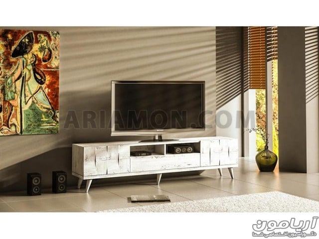 میز تلویزیون سفید  با روکش چوبی سبک مدرن