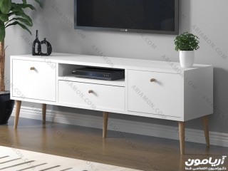 میز تلویزیون سفید پایه چوبی میز تلویزیون سفید پایه چوبی